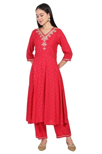 W for Woman Red Floral Print Zari Embroidered A-Line Kurta with Straight Pant (WS10102-125168-L)