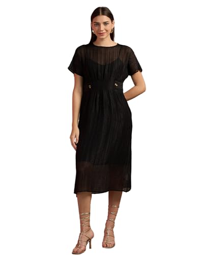 U.S. POLO ASSN. Women's Polyester Fit and Flare Midi Casual Dress (UWAW24DRS146_Black