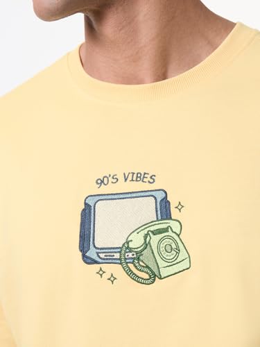 The Souled Store Flashback Fits: My Vibe Men and Boys Short Sleeves Round Neck Light Yellow Embroidered Casual Drop Shoulder Lightweight Streetwear Oversized T-Shirt