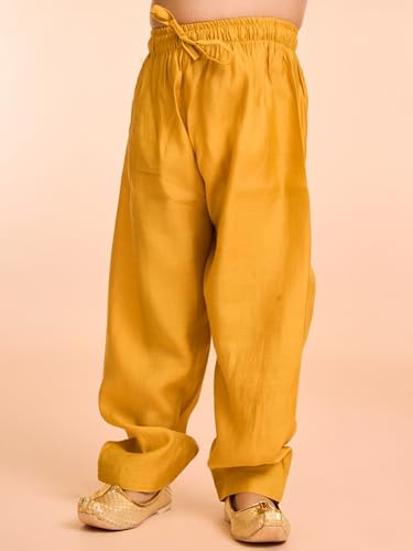 Manyavar Boys Viscose Blend Grid Embroidery & Sequins Kurta Pyjama Set (Mustard,2-3Y)