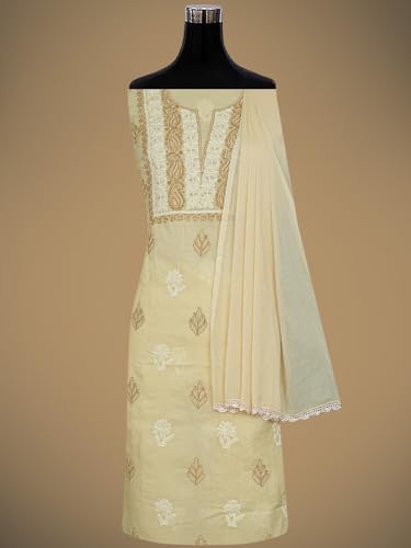 Ada Hand Embroidered Lucknowi Chikankari Unstitched Cotton Dress Material Suit Piece with Dupatta for Women 01A873267 Fawn