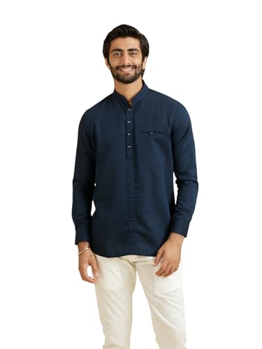Manyavar Men's Cotton Bandhgala Collar Short Kurta(Dark Blue,M)