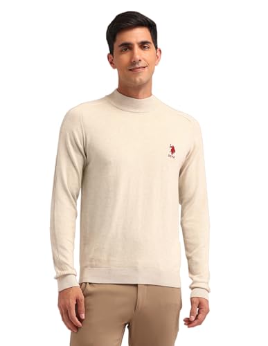 U.S. POLO ASSN. Mens Beige Heathered Mock NeckLong SleeveCasual Cotton Regular Fit Sweater (USSWE2247_Beige_3XL)