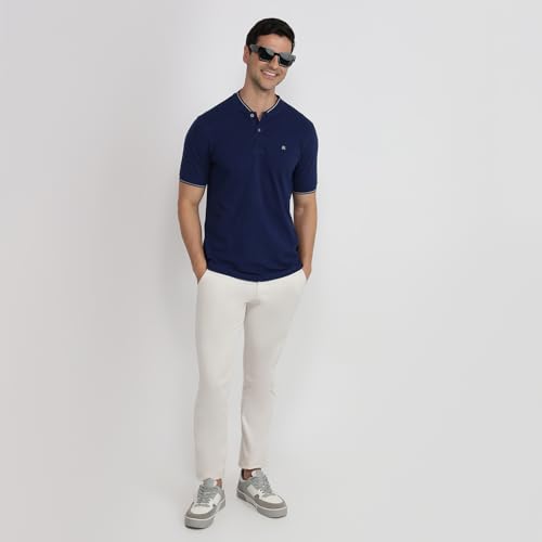 Raymond Men Modern Fit Solid Pattern Pure Cotton Half Sleeve Polo Neck Casual T-Shirt Blue