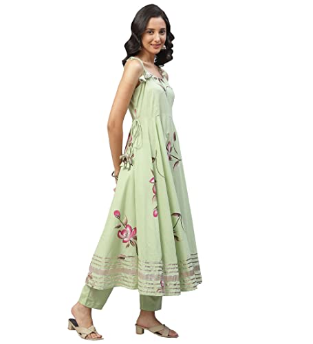 Limedivaa Light Green Hand Painted Floral Anarkali Kurta Pant Set with Dupatta (Medium, Green)