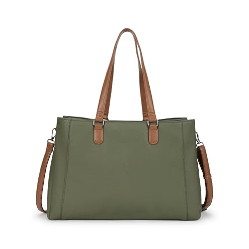 Metro Carry Laptop Tote | Faux-Leather Women's Handbag | Olive with Tan Details | 14" Laptop Compatible | Dual Carry Options | Pebbled Texture
