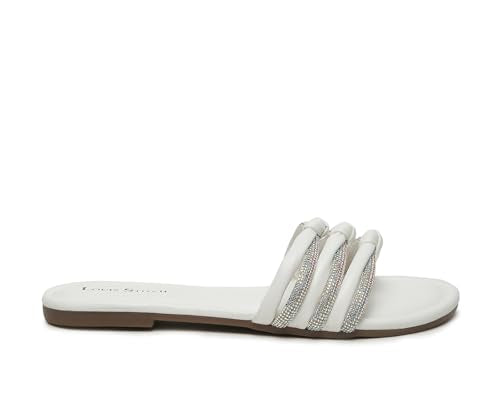 LOUIS STITCH Women's Fashion Flat Slip On Sandals | Open Toe White Stylish Flat Sandal for Ladies, Comfortable All day Wear Slipper | LSOF-LDSL-GLTSWH | (UK-3)