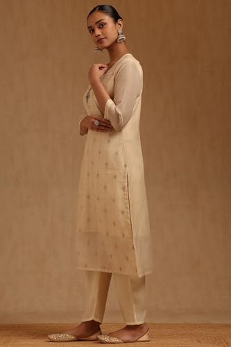 Soch Womens Cream Chanderi Woven Design Kurta Set With Mirror Work