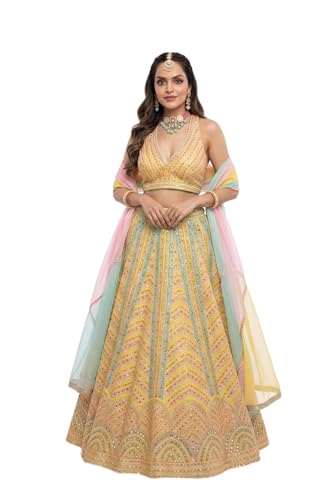 Kuber Enterprise Women's Yellow Embroidery Work Stitched Lehenga With Unstitched Blouse and Dupatta(YELLOW-V3-336)