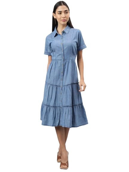 Latin Quarters Women Blue Collar Neck Half Sleeve Solid Knee Length Shirt Dress Casual for Wear