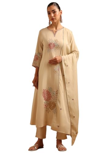 Soch Womens Beige Cotton Solid Thread Work Salwar Suit