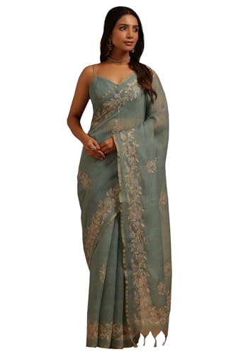 Soch Womens Green Linen Floral Printed Zari Embroidered Saree