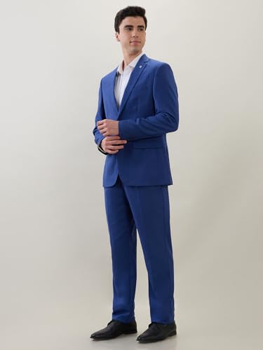 Raymond Men Contemporary Fit Solid Pattern Poly Wool Blend Notch Lapel Full Sleeve Formal Suit Blue