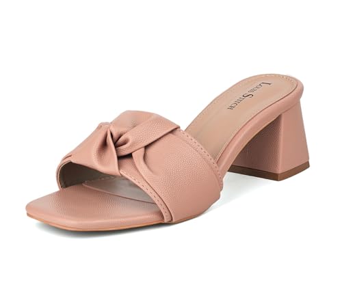 LOUIS STITCH Women’s Fashion Slip-On Block Heel Sandals | Open Toe Stylish Bow Strap Peach Pink Mule Heel Sandal for Ladies, Fashionable and Comfortable Sandal | LSOF-LDBH-KSPE | UK-5