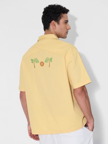 The Souled Store Oversized Shirt: Solar Men and Boys Short Sleeves Collared Neck Button Front Yellow Embroidered Cotton Oversized Holiday Shirts