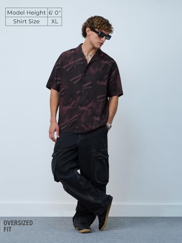 The Souled Store Oversized Shirt: Dragonfly Men and Boys Short Sleeves Cuban Collar Printed Viscose Relaxed Fit Casual Shirts |Dark Brown, S