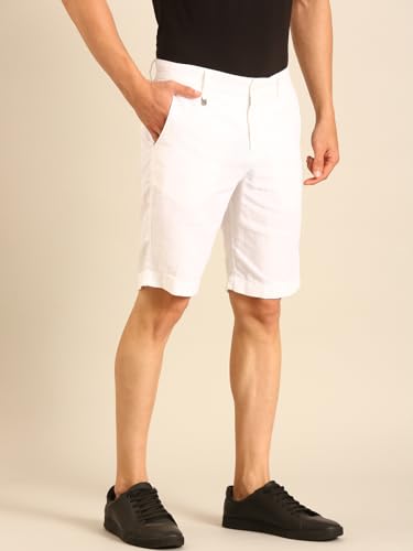 Linen Club Men's Linen White Solid Contemporary Fit Casual Shorts (Size:30)