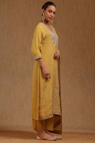 Soch Womens Mustard Tissue Embroidered Suit Set With Zari