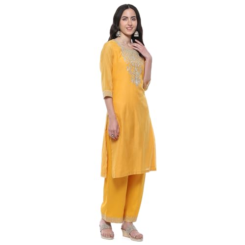 BIBA WOMEN EMBROIDERY STRAIGHT SALWAR KURTA DUPATTA(SKDRIVAYAT9538_MUSTARD_34)