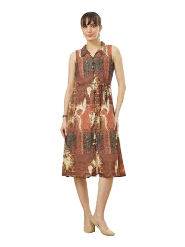Latin Quarters Women's Rust Sleeveless Collar Neck Casual Printed Dress_S