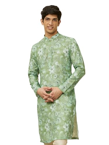 Manyavar Men's Sage Green Floral Printed Kurta (L)