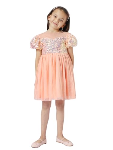 nauti nati Polyester Nautinati Girls' Round Neck Embellished Party Dress Knee-Length Casual NN321-524_Peach