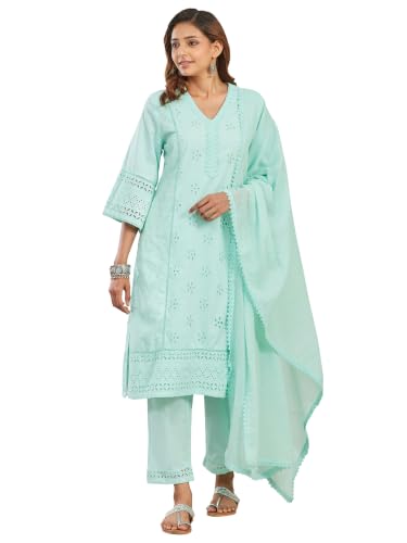 BIBA Solid Cotton Straight Casual Kurta With Pant And Dupatta