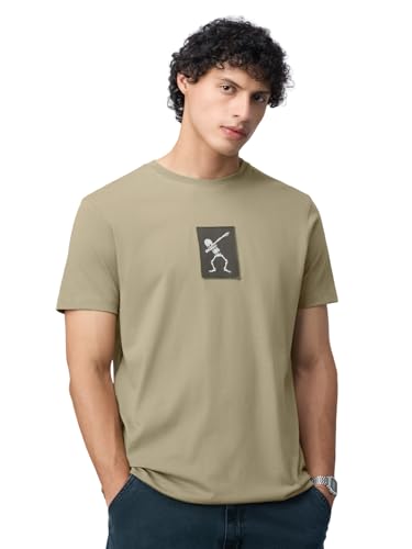 The Souled Store: The Dab Men and Boys Short Sleeves Round Neck Beige Embellished Relaxed Fit Lightweight All-Season Casual Cotton T-Shirt