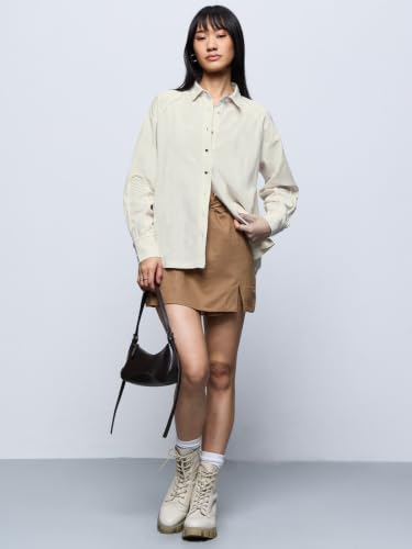 The Souled Store: Ivory Heart Women and Girls Full Length Spread Collar Solid Cotton Oversized Drop Shoulder Breathable Streetwear Lightweight Everyday Shirt