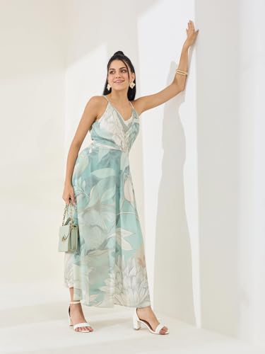 Latin Quarters Women's Green Printed Strappy V-Neck Casual Fit & Flared Dress_M
