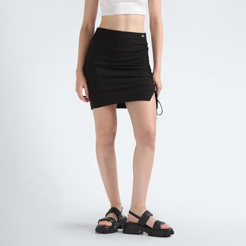 Tommy Hilfiger Polyester Black Solid Women Gathering Mini Skirt (S)