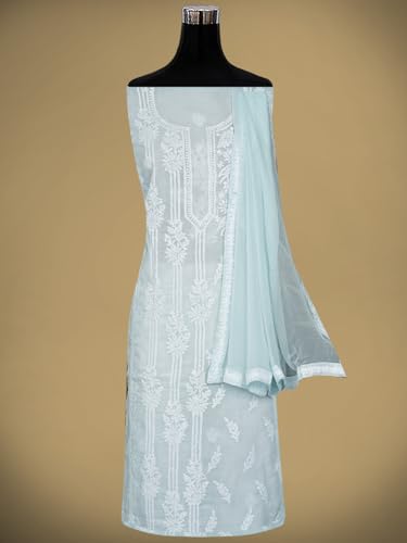 Ada Hand Embroidered Lucknowi Chikankari Unstitched Cotton Dress Material Suit Piece with Dupatta for Women 01A871569 Sky Blue