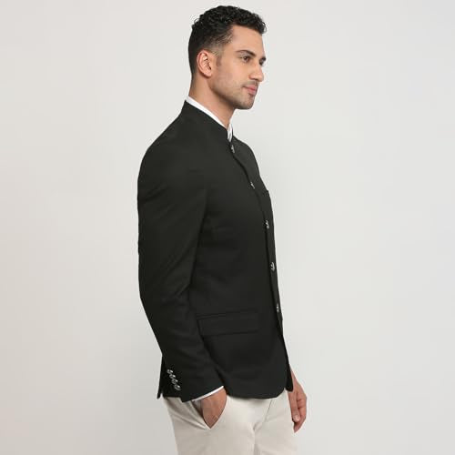 Raymond Men Regular Fit Solid Pattern Poly Viscose Blend Stand Collar Full Sleeve Ceremonial Jacket (Size: 38)-RIJI00130 Black
