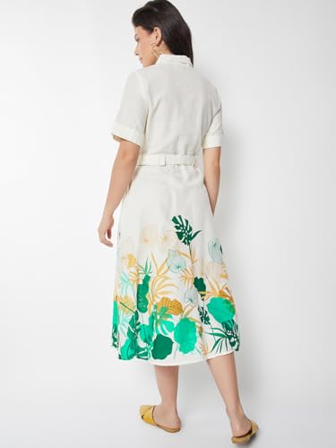 Max Women Printed Belted Shirt Dress (Off White_M)