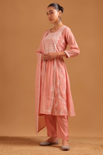Soch Womens Peach Mul Chanderi Embroidered Botanical Chikankari Embroidery Salwar Suit