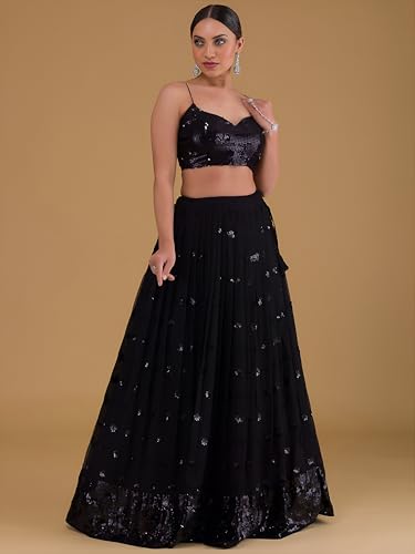 Zeel Clothing Womens Georgette Lehenga Choli Semi-Stitched Black Wedding Girlish Latest Free Size