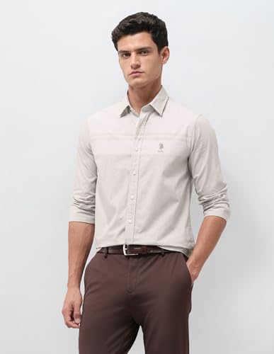 U.S.Polo Association Men's Solid with Stripe Detail Regular Fit Shirt (USSHT3284_Beige_42)