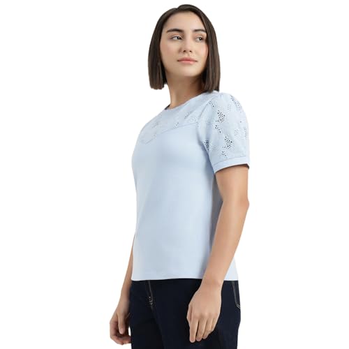 United Colors of Benetton Round Neck Schiffli Embroidery T-Shirt (Size : S) - 26P3KNTWVYK4I51B Blue
