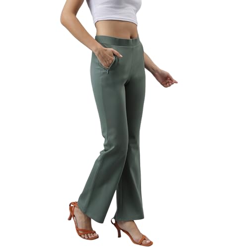 Latin Quarters Women Solid Green Full Length Stretchable Trouser_L