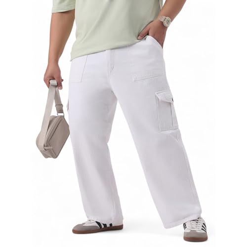 Urbano Plus Men White Mid Rise Loose Baggy Fit Cargo Jeans with 6 Pockets Non-Stretchable (plusjeanlscargop-white-38)