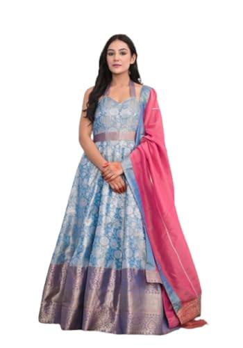 MAHUKAA Women's Kanjeevaram Gown With Dupatta For Festival & Function (Sky Blue & Pink) - Size: Medium