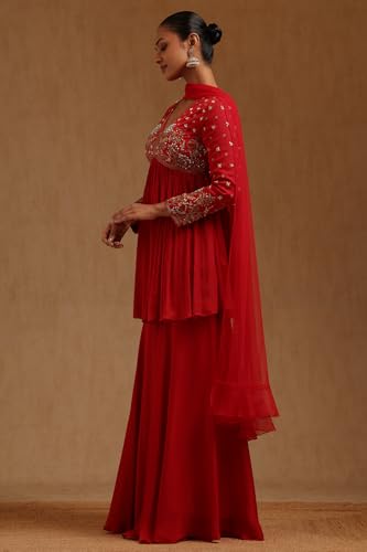 Soch Womens Red Chinon Hand Embroidered Suit Set With Cutdana