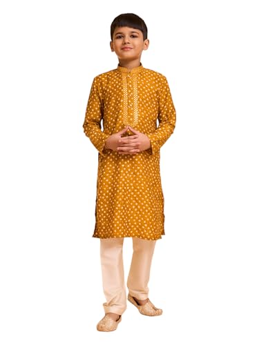 Manyavar Boys Viscose Blend Bandhani Print Kurta Pyjama Set (Mustard,2-3Y)