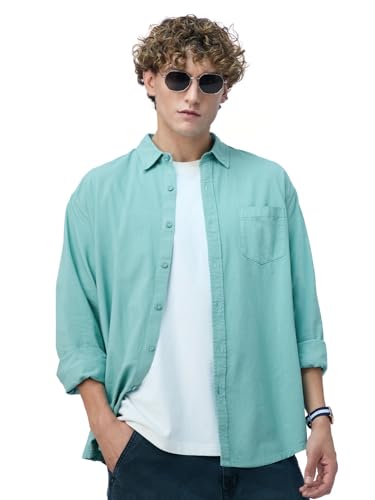 The Souled Store Essential Line: Supima Shirt Men and Boys Full Sleeves Semi-Spread Collar Solid Cotton Regular Fit Lightweight Comfortable All-Season Supima Shirts Turquoise