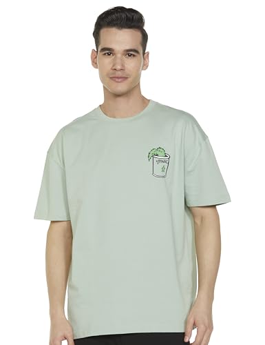 The Souled Store| Official Popeye: Spinach Power Mens and Boys T-Shirts|Half Sleeve|Loose fit Graphic Printed|80% Cotton 20% Polyester Green Color Oversized T-Shirts