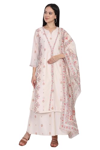 W for Woman Off-White Floral Print Lace Straight Kurta with Inner Flared Pant and Dupatta Set (WS13083-126482-L)
