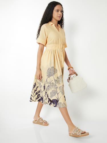Max Women Floral Print Midi Shirt Dress(White_L)