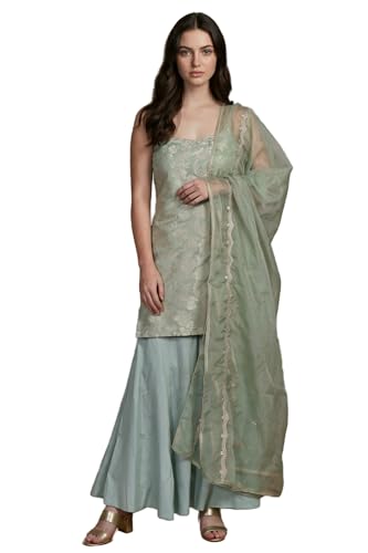 W for Woman Green Self Design Jacquard Zari Straight Kurta with Sharara and Dupatta - (WS13236-314550-M)