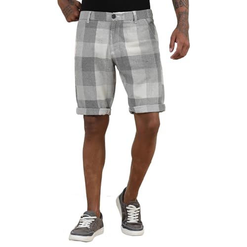 BEEVEE Men's White Regular Fit Checked Shorts