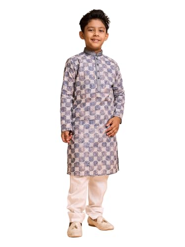 Manyavar Boys Cotton Blend Chikankari Checkered Print Kurta Pyjama Set (Dark Grey,5-6Y)
